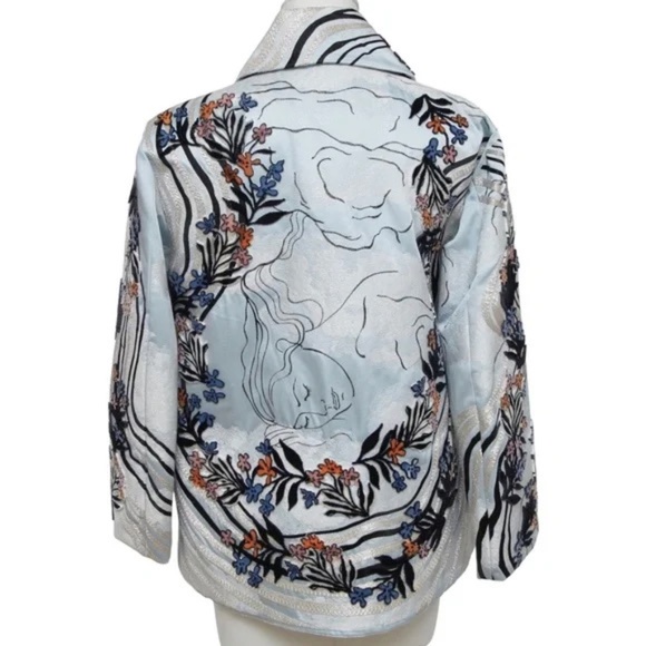 H&M CONSCIOUS Coat Jacket Blue Velvet Floral Embroidery Long Sleeve S BNWT - Picture 4 of 8